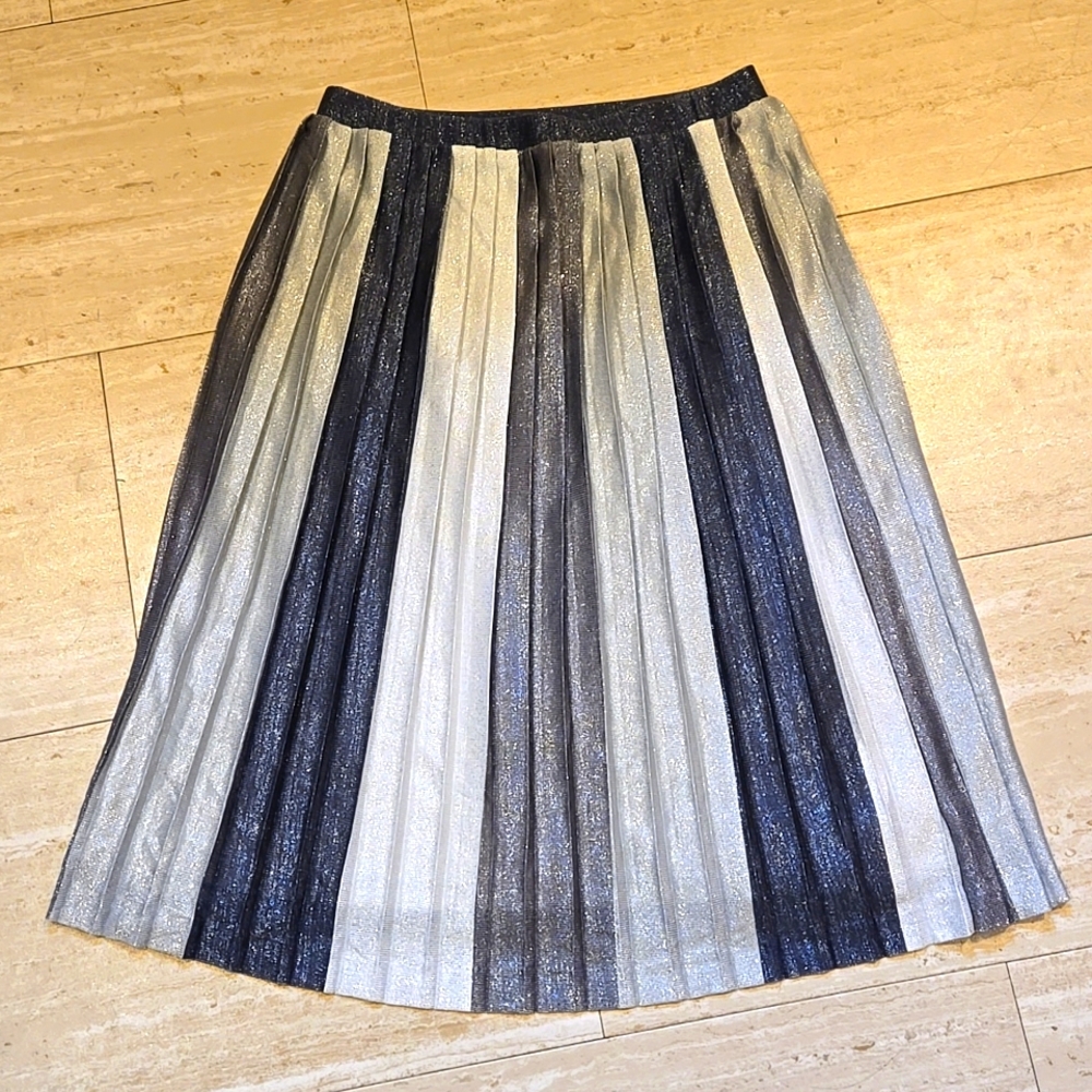 Maeve by Anthropologie Pleated Metallic Silver Shimmer Grays Midi Skirt